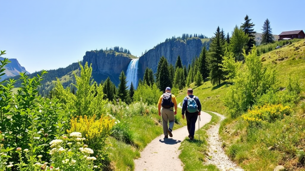 Ein malerisches Wanderbild zeigt einen gut markierten Pfad zu Wasserfällen in der Region Schwaz. Blühende Pflanzen und Bäume umgeben den Weg, während ein klarer blauer Himmel darüber aufstrahlt. Wanderer mit Rucksäcken und festem Schuhwerk genießen den Anblick der beeindruckenden Wasserfälle, die sich in den Hintergrund erheben.