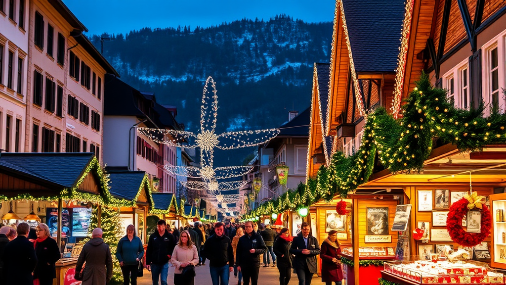 Die Maria-Theresien-Straße in Innsbruck während des Weihnachtsmarkts, festlich beleuchtet mit Ständen und Besuchern. Im Hintergrund sind traditionelle Dekorationen und festliche Atmosphäre sichtbar.