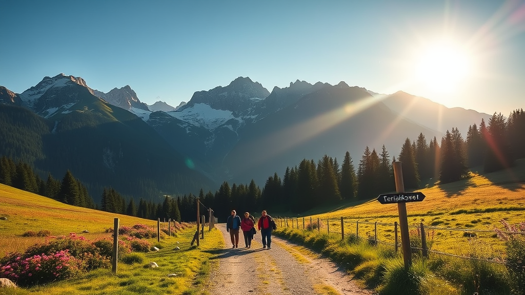 Ein malerischer Pilgerweg in Tirol, umgeben von majestätischen Bergen und dichten Wäldern. Pilger wandern auf einem schmalen Pfad, während die Sonne sanft untergeht und die Landschaft in warmes Licht taucht. Schilder markieren den Tiroler Jakobsweg, begleitet von Blumen und einem klaren Himmel.