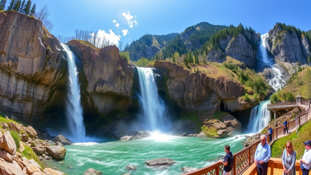 Ein Panorama zeigt die drei beeindruckenden Wasserfälle in Schwaz. Im Vordergrund der majestätische Stuibenfall, dessen Wasser über eine Felsenkante ins Tal stürzt. Daneben der Partschinser Wasserfall, der elegant über eine freistehende Felswand fließt. Im Hintergrund die Wolfsklamm mit ihren steilen Felswänden und tosenden Wassermassen, umgeben von üppiger Natur. Wanderer genießen die spektakulären Ausblicke.