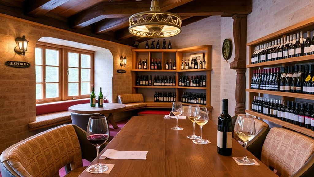 Gemütlicher Verkostungsraum der Vinothek Klosterhof in Kitzbühel, gefüllt mit Weinflaschen und einem Tisch für Weinproben.