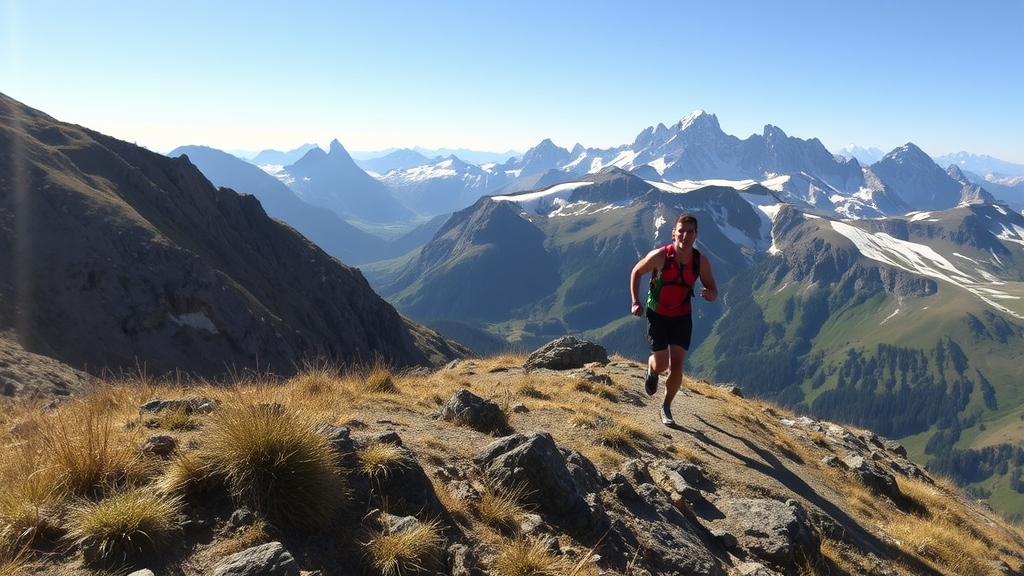 Trailrunner in den Tiroler Alpen, überwinden steile Berghänge mit schneebedeckten Gipfeln im Hintergrund, umgeben von atemberaubender Natur und klarem Himmel.