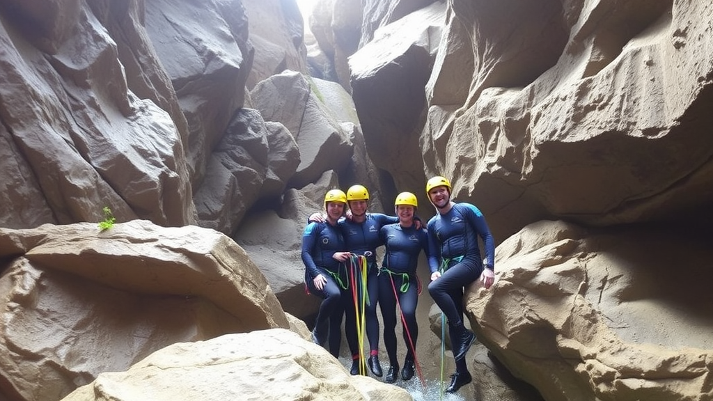 Aktive Canyoning-Gruppe in einer Schlucht, ausgestattet mit Neoprenanzügen und Helmen, während sie über Felsen springt und Abseil-Techniken anwendet.