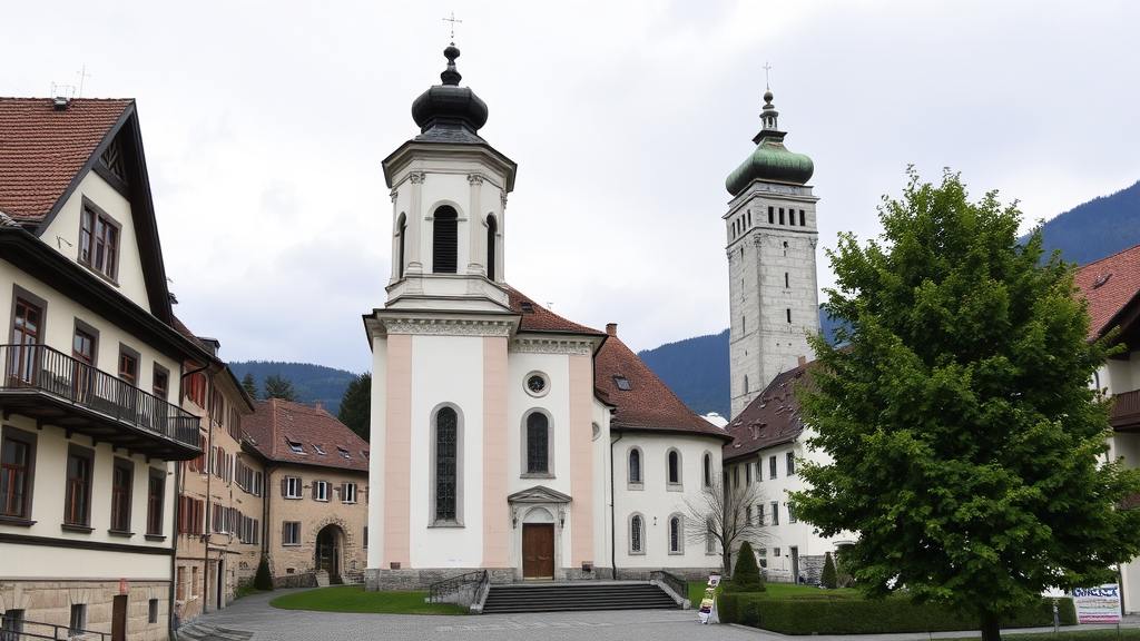Ansicht der gotischen Pfarrkirche Maria Himmelfahrt mit zwei Glockentürmen, umgeben von historischen Gebäuden und dem Franziskanerkloster in Schwaz.