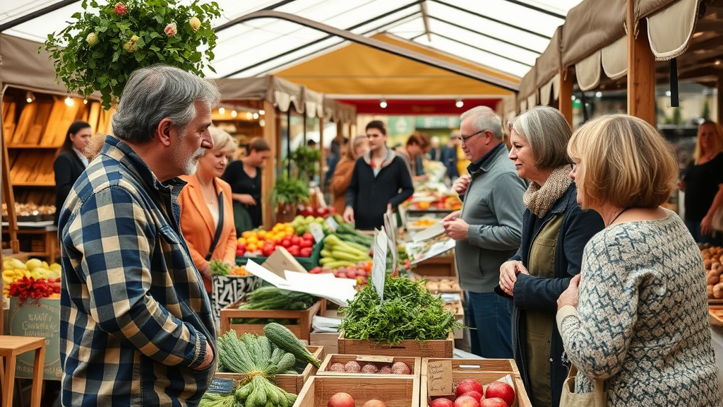 Bauernmarkt mit Produzenten, die persönliche Gespräche mit Konsumenten führen, regionale Produkte anbieten und individuelle Zubereitungstipps geben.