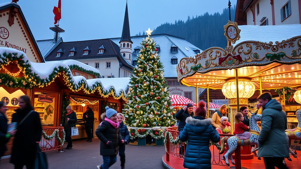 Blick auf den Christkindlmarkt in Innsbruck mit festlich geschmückten Ständen, dem Swarovski-Kristallbaum und Kindern, die auf dem nostalgischen Karussell spielen.