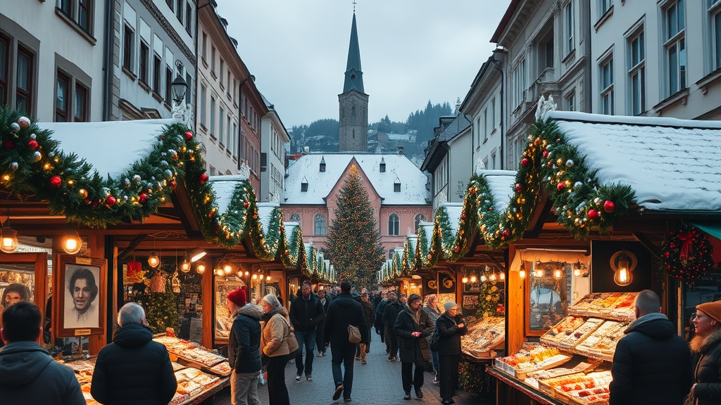 Blick auf den Christkindlmarkt in der Innsbrucker Altstadt mit festlich dekorierten Ständen, Lichtern und Menschen, die Weihnachtsgeschenke und Spezialitäten kaufen.