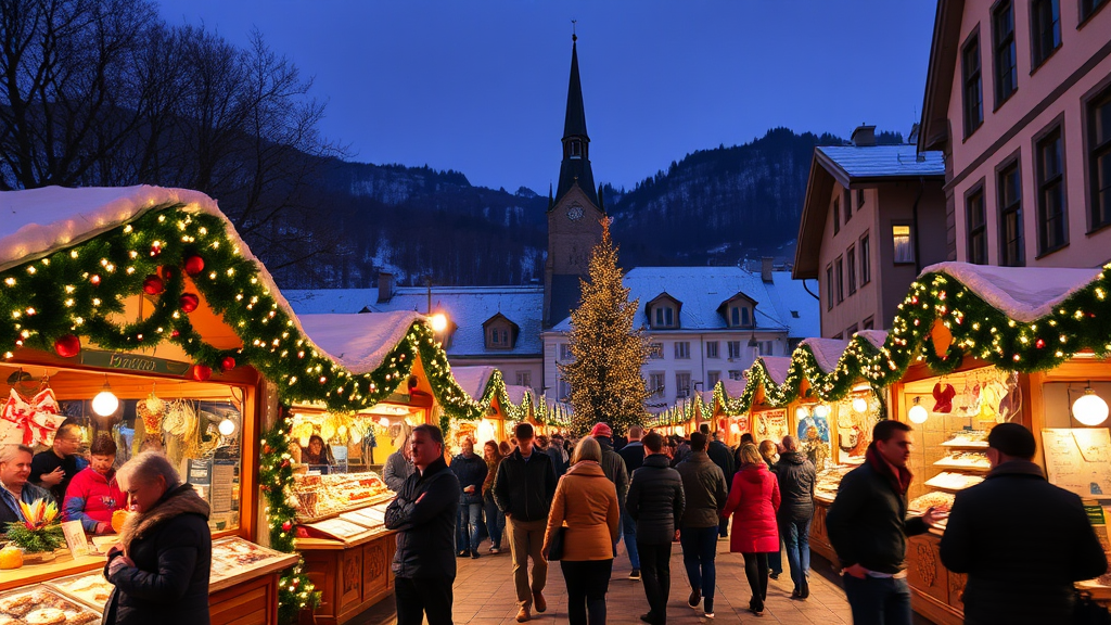Blick auf den Wiltener Weihnachtszauber in Innsbruck mit festlich geschmückten Ständen, Besuchern, die regionale Köstlichkeiten genießen, und einem Auftritt lokaler Künstler.