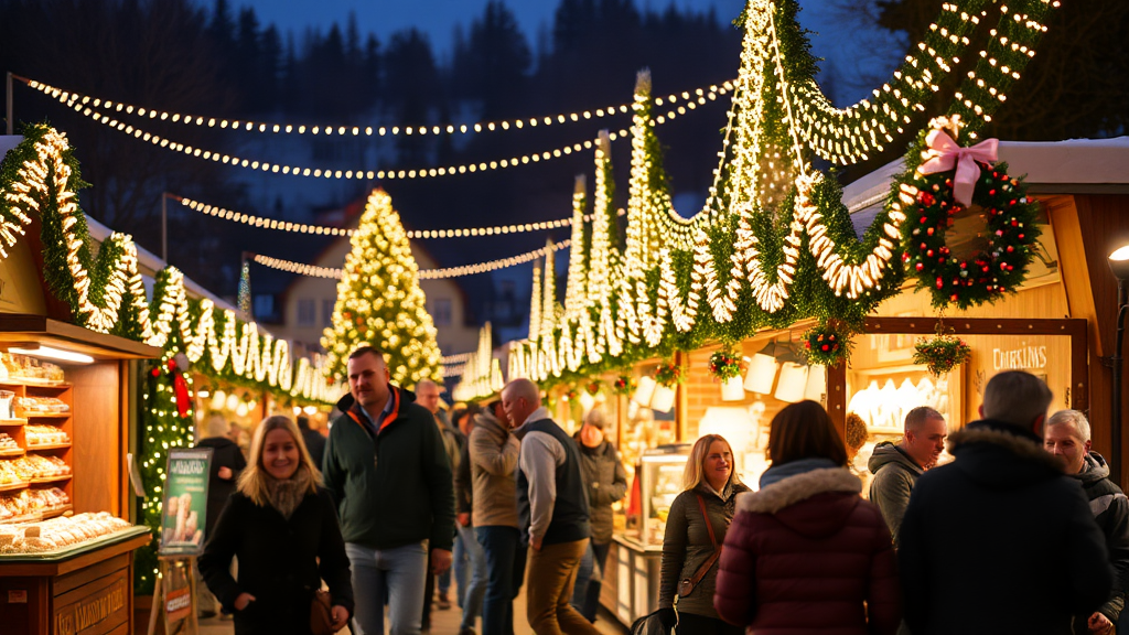 Blick auf einen festlichen Tiroler Weihnachtsmarkt in Innsbruck mit bunten Ständen, Lichtern und Besuchern, die heiße Getränke und Leckereien genießen.