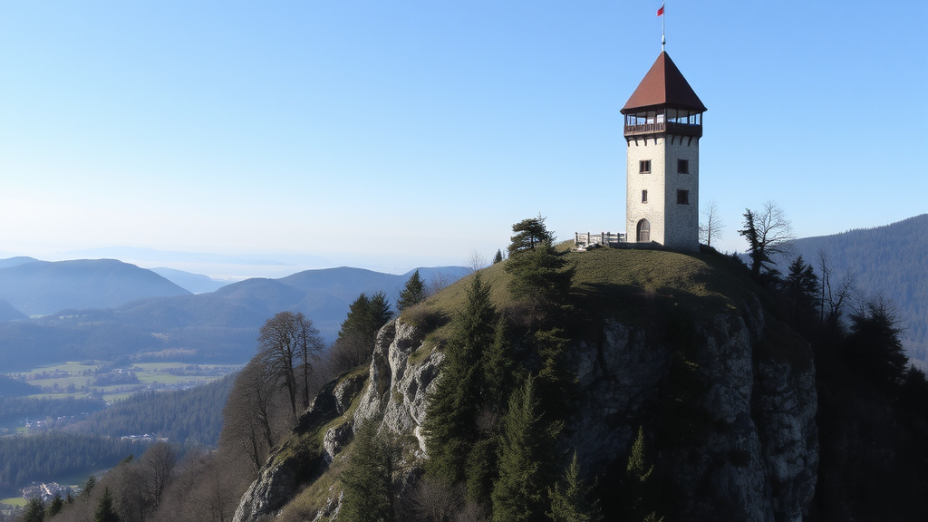 Burg Freundsberg auf einem steilen Hügel mit dem fünfstöckigen Wohnturm, umgeben von Bäumen und Blick auf Schwaz und das Inntal.