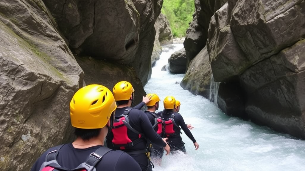 Canyoning-Tour in der Schlucht bei Schwaz, mit Teilnehmern in Sicherheitsausrüstung, Helm tragend und auf wechselnde Wetterbedingungen achtend.