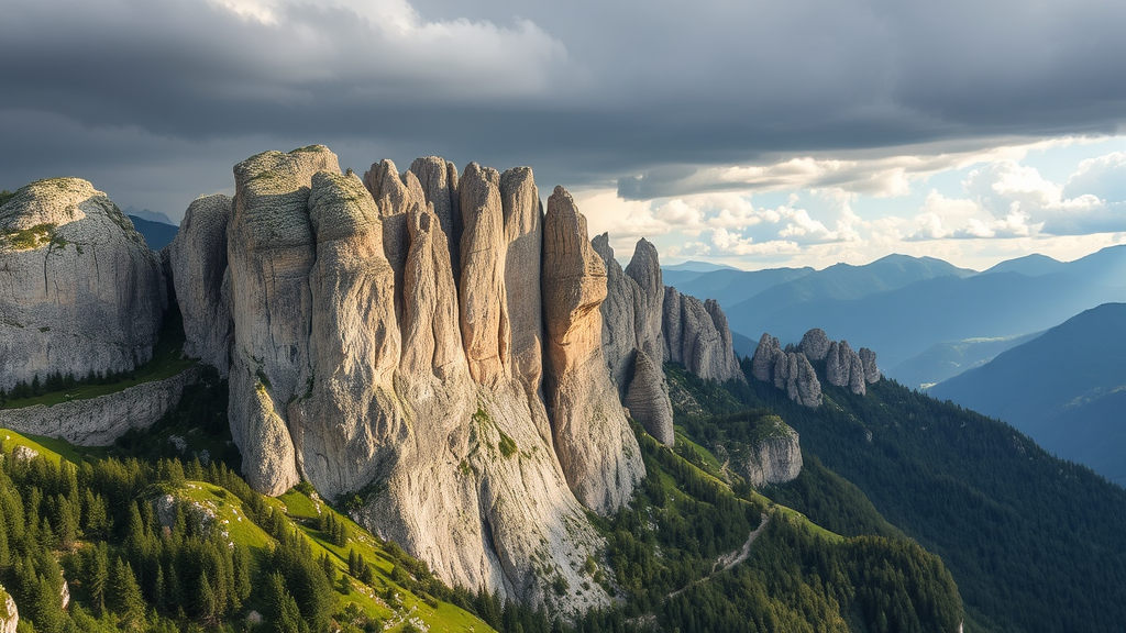 Der Eiblschrofen, geologisch mit bräunlichem Dolomitgestein, vor einer dramatischen Berglandschaft, die von Bergbaugeschichte und Naturereignissen geprägt ist.