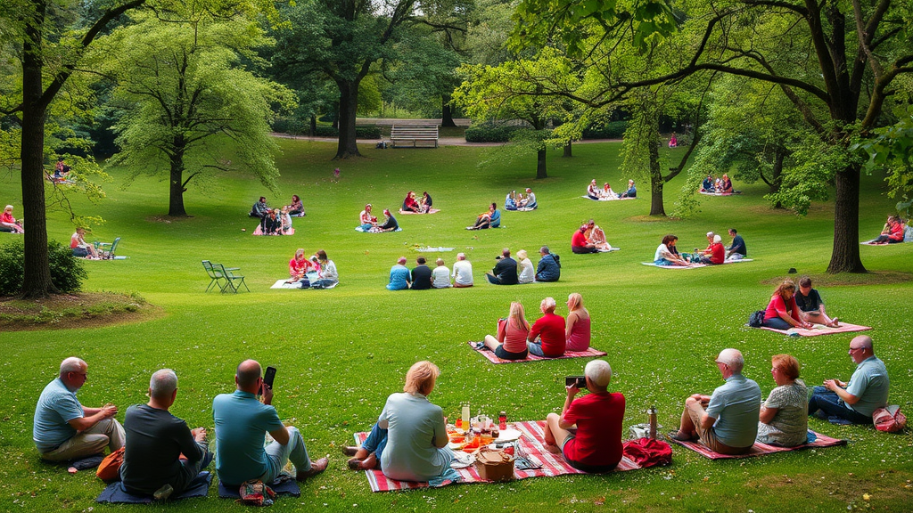 Der Waltherpark am Inn mit üppigen Grünflächen, Sitzgelegenheiten und Menschen, die ein Picknick genießen, während kulturelle Veranstaltungen stattfinden.