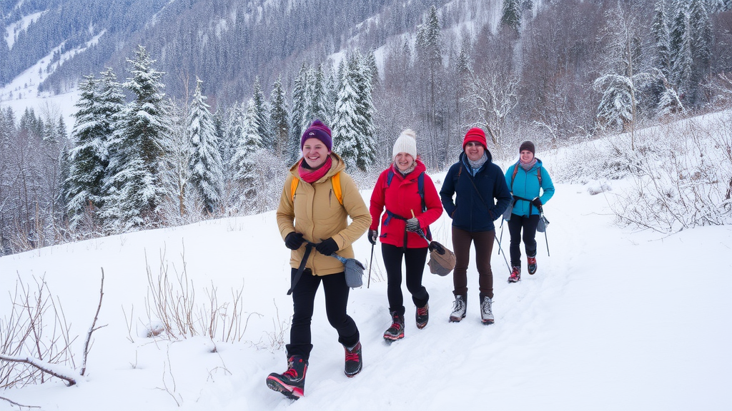 Geführte Schneeschuhwanderung durch die winterliche Tiroler Landschaft, Teilnehmer in warmer Kleidung mit Schneeschuhen in malerischer, verschneiter Umgebung.
