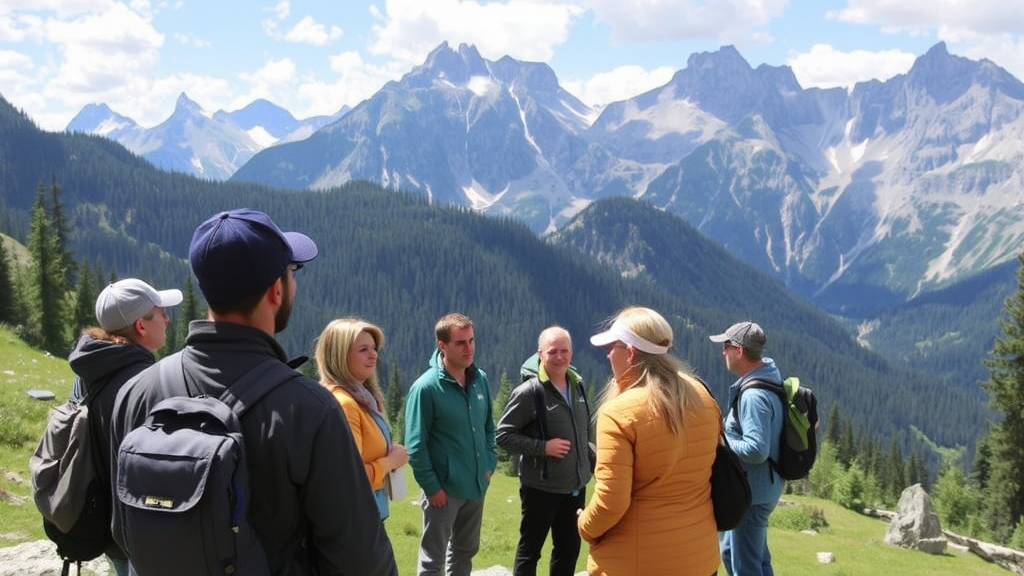 Gruppe von Naturführern und Teilnehmern bei einer Steinadler-Beobachtungstour im Naturpark Karwendel, umgeben von beeindruckender Gebirgslandschaft.
