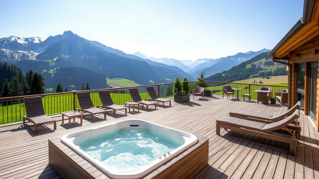 Luxuriöse Sonnenterrasse der Kristallhütte mit Liegestühlen, Wasserbetten und Außenkamin, umgeben von Zillertaler Alpen und Panoramablick.