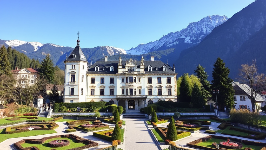 Schloss Ambras in Innsbruck, ein Renaissancebau mit prächtigen Fassaden, Gartenanlagen und türkis-schimmernden Dächern, umgeben von Bergen.