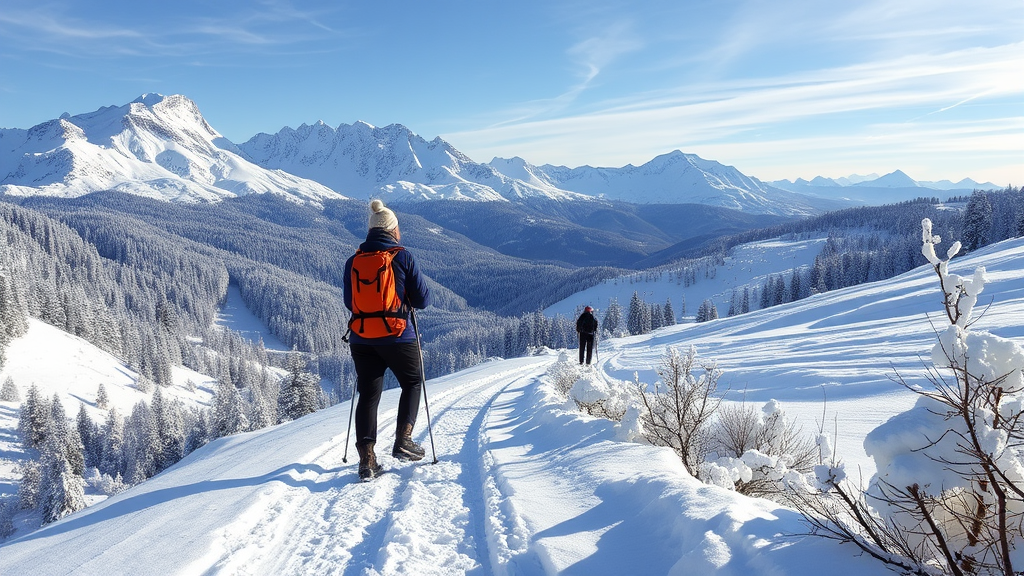 Schneeschuhwanderer auf einem verschneiten Pfad in den Tiroler Alpen mit Blick auf verschneite Gipfel und Wälder, umgeben von winterlicher Landschaft.