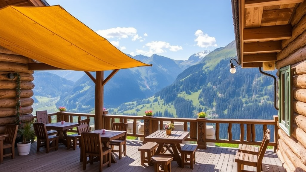 Traditionelle Berghütte Vider Alp in Ischgl mit Sonnenterrasse, Bergpanorama und Sitzgelegenheiten, umgeben von Natur und Familienfreundlichkeit.