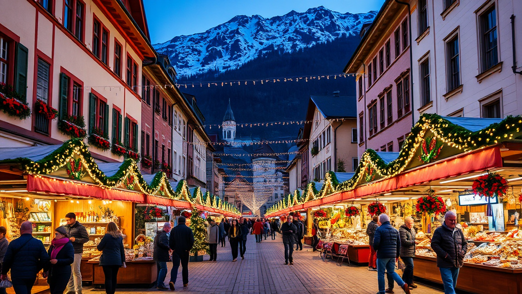 Weihnachtsmarkt in der Maria-Theresien-Straße in Innsbruck mit festlichen Lichtern, bunten Ständen und Blick auf die Nordkette, voller internationaler Produkte.